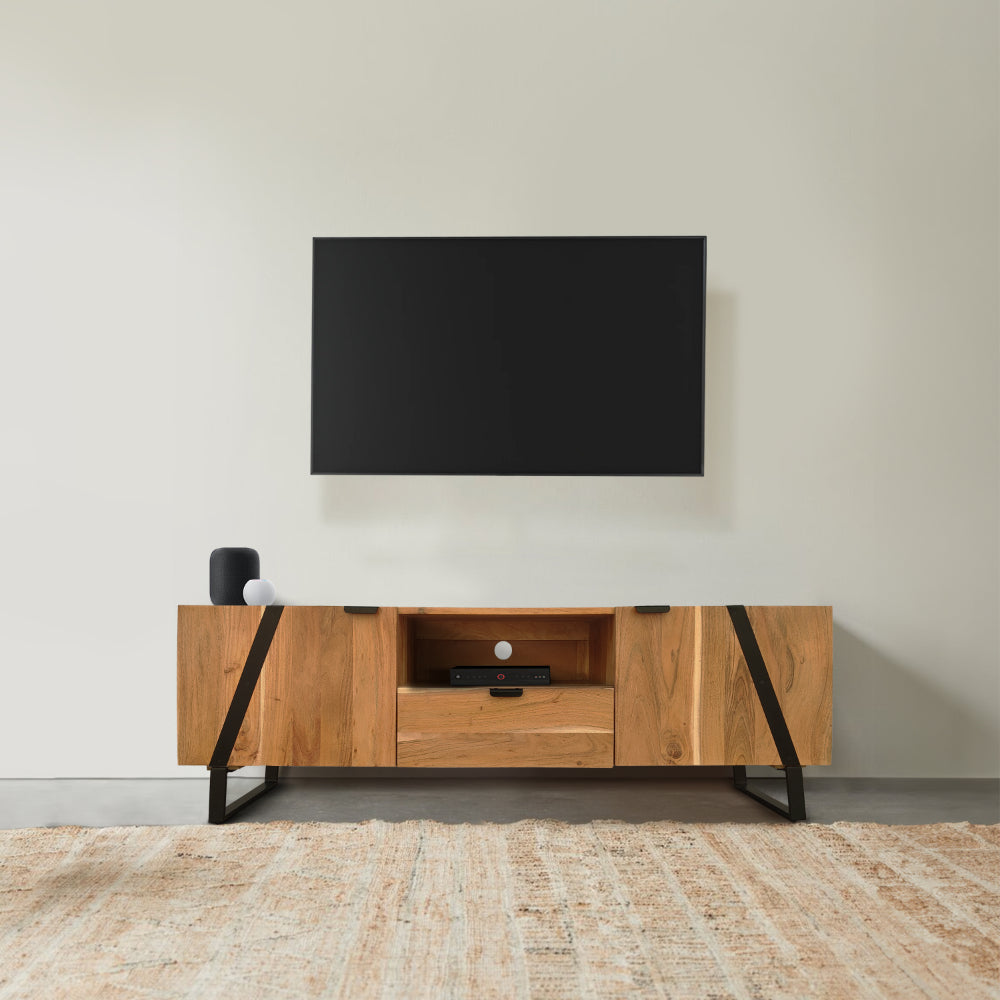 Aza 59 Inch Handcrafted TV Console with Drawer Natural Brown Acacia Wood Cabinet - The Urban Port UPT-277208