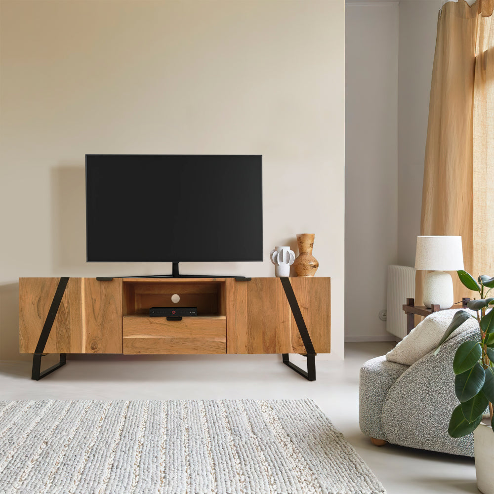 Aza 59 Inch Handcrafted TV Console with Drawer Natural Brown Acacia Wood Cabinet - The Urban Port UPT-277208