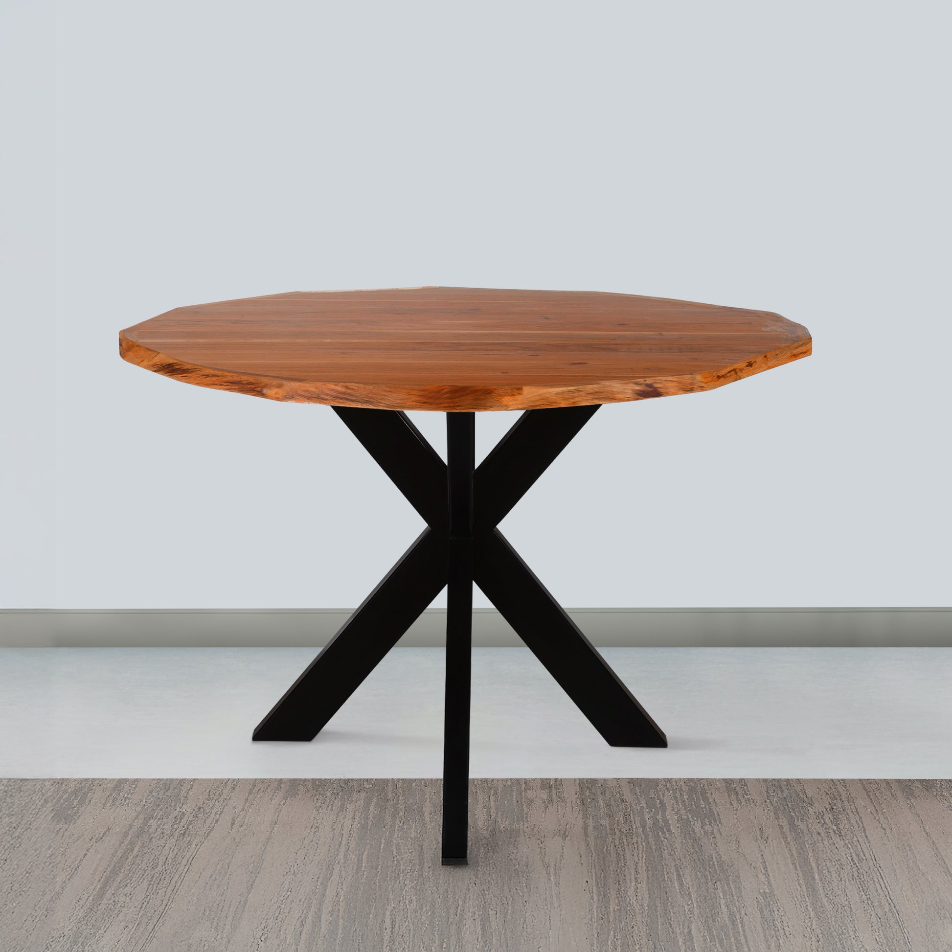 Kuri 41 Inch Handcrafted Live Edge Round Dining Table with a Natural Brown Acacia Wood Top and Black Iron Legs By The Urban Port UPT-282967