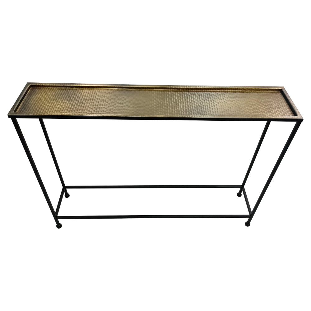 Aurelia 48 Inch Console Sofa Table Artisanal Hammered Antique Bronze Tray Top Industrial Black Iron Frame By The Urban Port UPT-286692