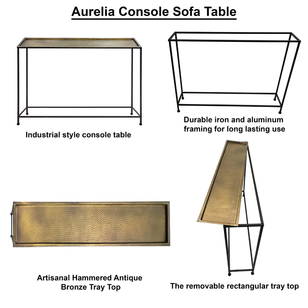 Aurelia 48 Inch Console Sofa Table Artisanal Hammered Antique Bronze Tray Top Industrial Black Iron Frame By The Urban Port UPT-286692