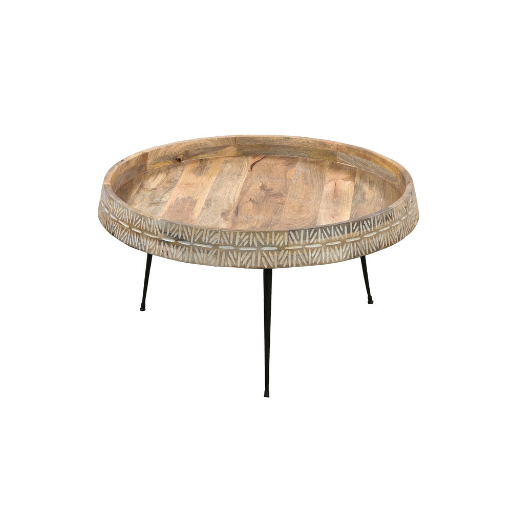 Gia 29 Inch Modern Handcrafted Round Coffee Table Natural Brown Wood Top with Carved Edge Black Iron Legs By The Urban Port UPT-293094