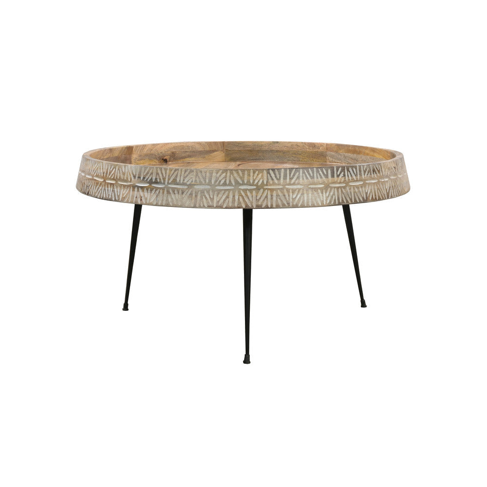 Gia 29 Inch Modern Handcrafted Round Coffee Table Natural Brown Wood Top with Carved Edge Black Iron Legs By The Urban Port UPT-293094