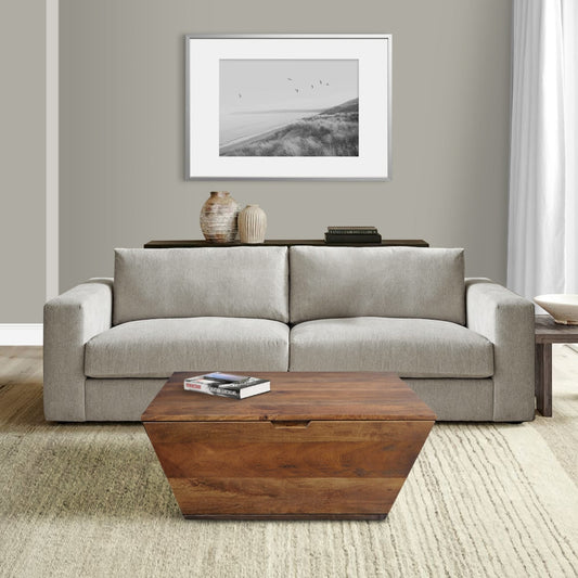 36 Inch Handcrafted Modern Farmhouse Coffee Table, Geometric Angled Square, 1 Drawer, Walnut Mango Wood The Urban Port