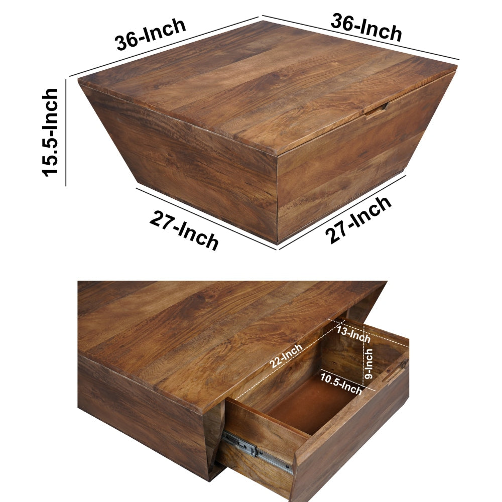 36 Inch Handcrafted Modern Farmhouse Coffee Table Geometric Angled Square 1 Drawer Walnut Mango Wood The Urban Port UPT-293095