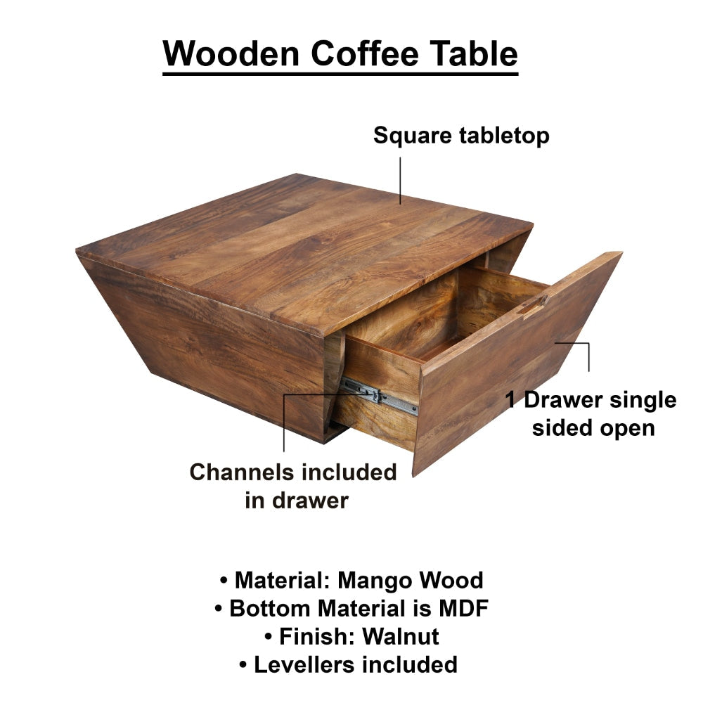 36 Inch Handcrafted Modern Farmhouse Coffee Table Geometric Angled Square 1 Drawer Walnut Mango Wood The Urban Port UPT-293095