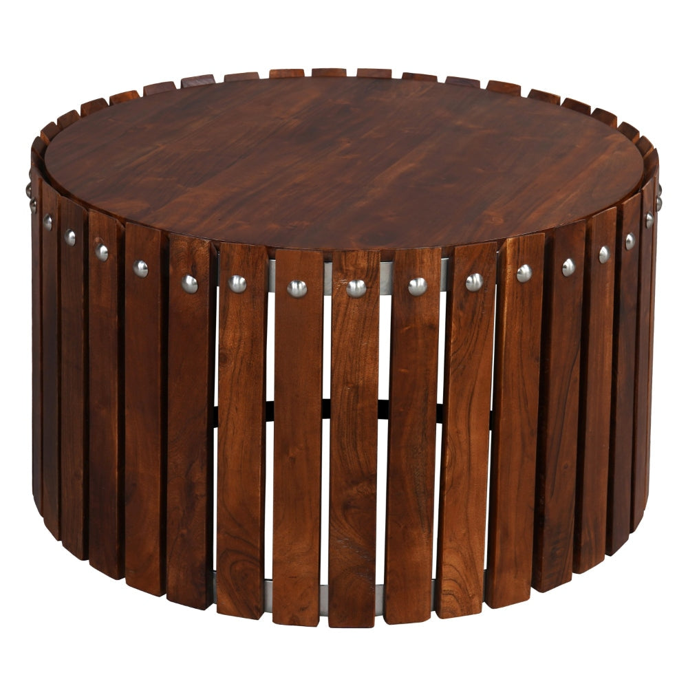 Myla 31 Inch Handcrafted Round Coffee Table with Vertical Planks Iron Rivets Dark Walnut Brown Acacia Wood By The Urban Port UPT-293096