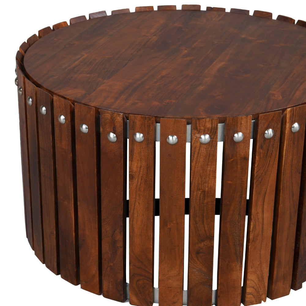 Myla 31 Inch Handcrafted Round Coffee Table with Vertical Planks Iron Rivets Dark Walnut Brown Acacia Wood By The Urban Port UPT-293096