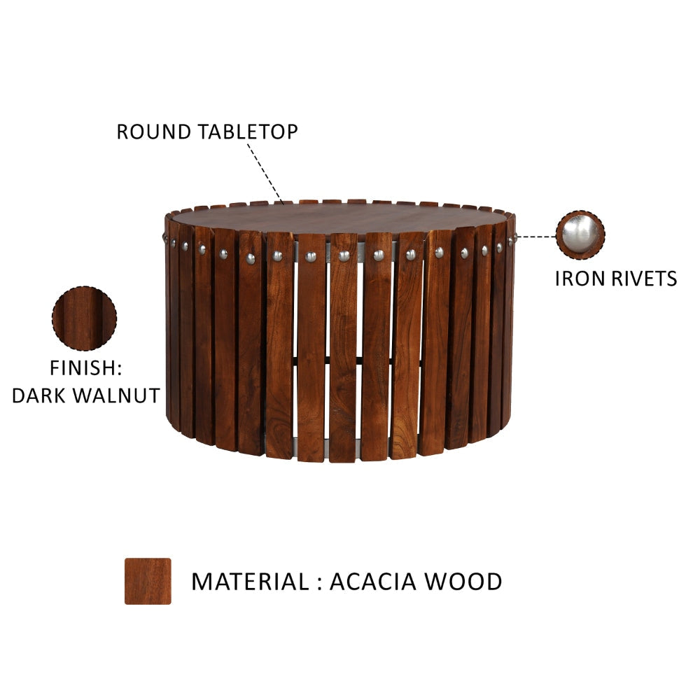 Myla 31 Inch Handcrafted Round Coffee Table with Vertical Planks Iron Rivets Dark Walnut Brown Acacia Wood By The Urban Port UPT-293096