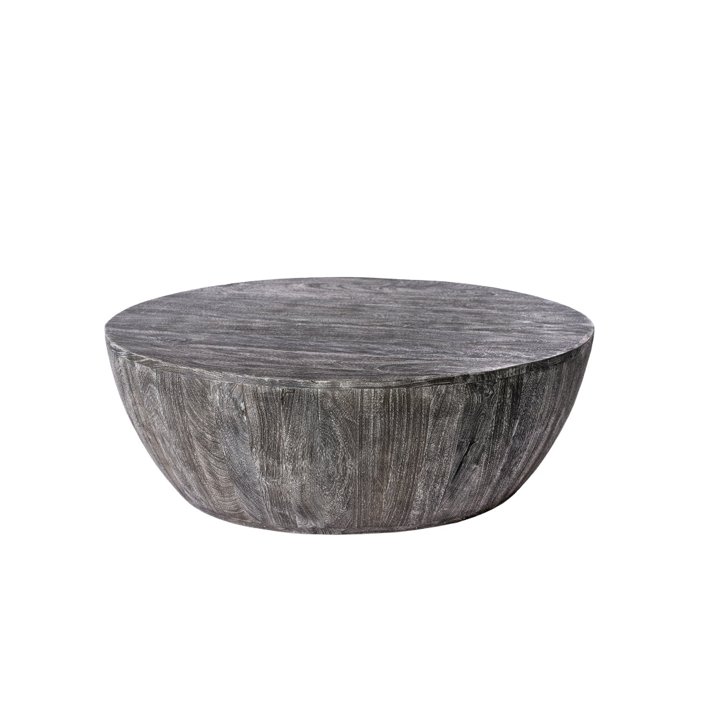 Arthur 36 Inch Farmhouse Style Handcrafted Mango Wood Coffee Table Round Drum Shape Sandblasted Black The Urban Port UPT-293098