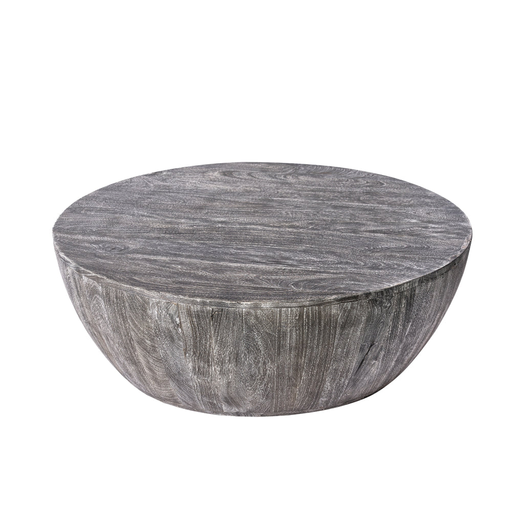 Arthur 36 Inch Farmhouse Style Handcrafted Mango Wood Coffee Table Round Drum Shape Sandblasted Black The Urban Port UPT-293098