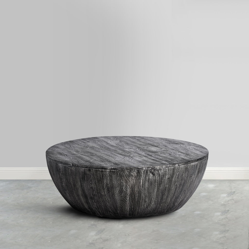 Arthur 36 Inch Farmhouse Style Handcrafted Mango Wood Coffee Table Round Drum Shape Sandblasted Black The Urban Port UPT-293098