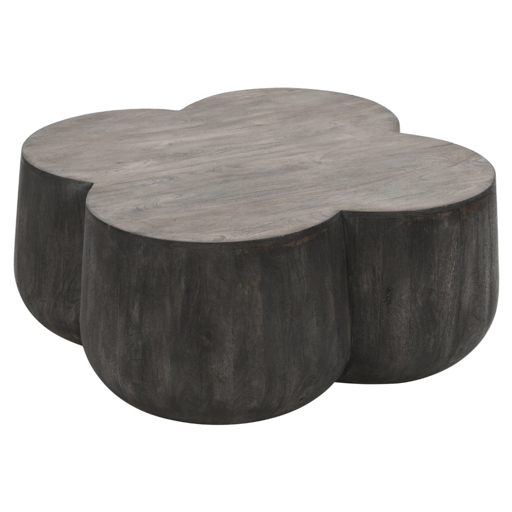 36 Inch Artisanal Classic Coffee Table Clover Leaf Drum Shaped Mango Wood Frame Gray By The Urban Port UPT-293346