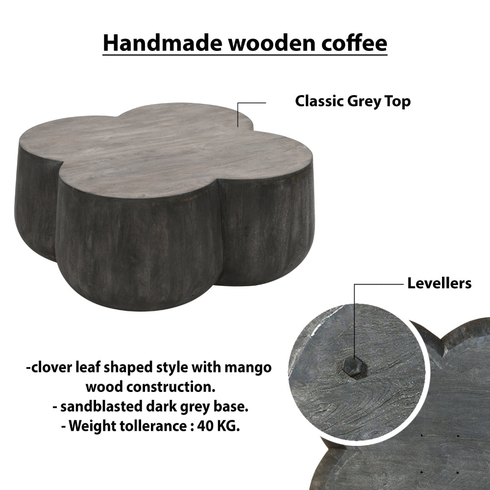 36 Inch Artisanal Classic Coffee Table Clover Leaf Drum Shaped Mango Wood Frame Gray By The Urban Port UPT-293346