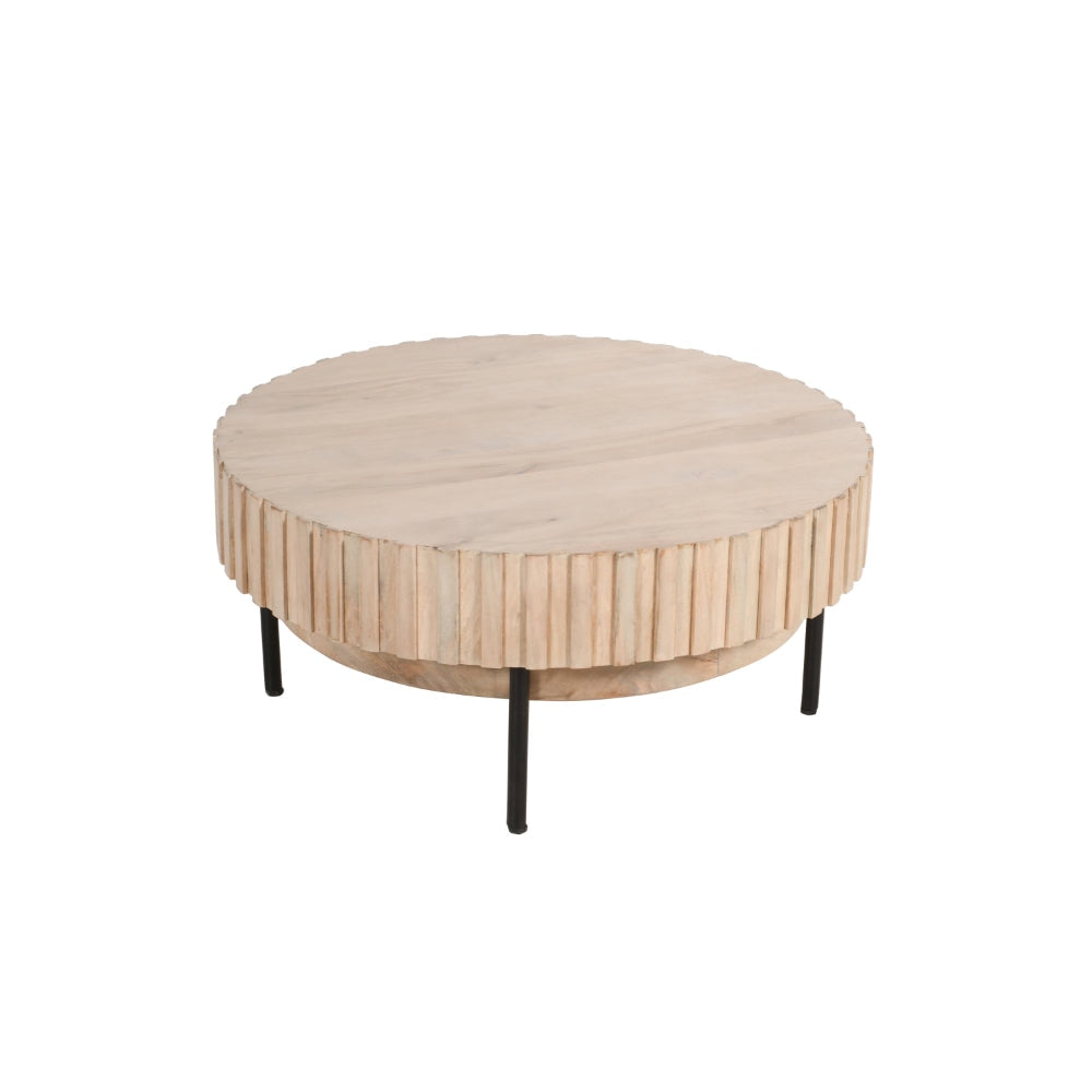 36 Inch Modern Handcrafted Round Coffee Table Oak White Wood Top with Grooved Edges Black Iron Legs By The Urban Port UPT-293347