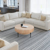 36 Inch Modern Handcrafted Round Coffee Table, Oak White Wood Top with Grooved Edges, Black Iron Legs By The Urban Port