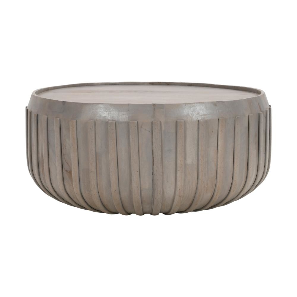 Alisha 36 Inch Coffee Table Handcrafted Drum Shape with Ribbed Edges Gray Mango Wood The Urban Port UPT-293349