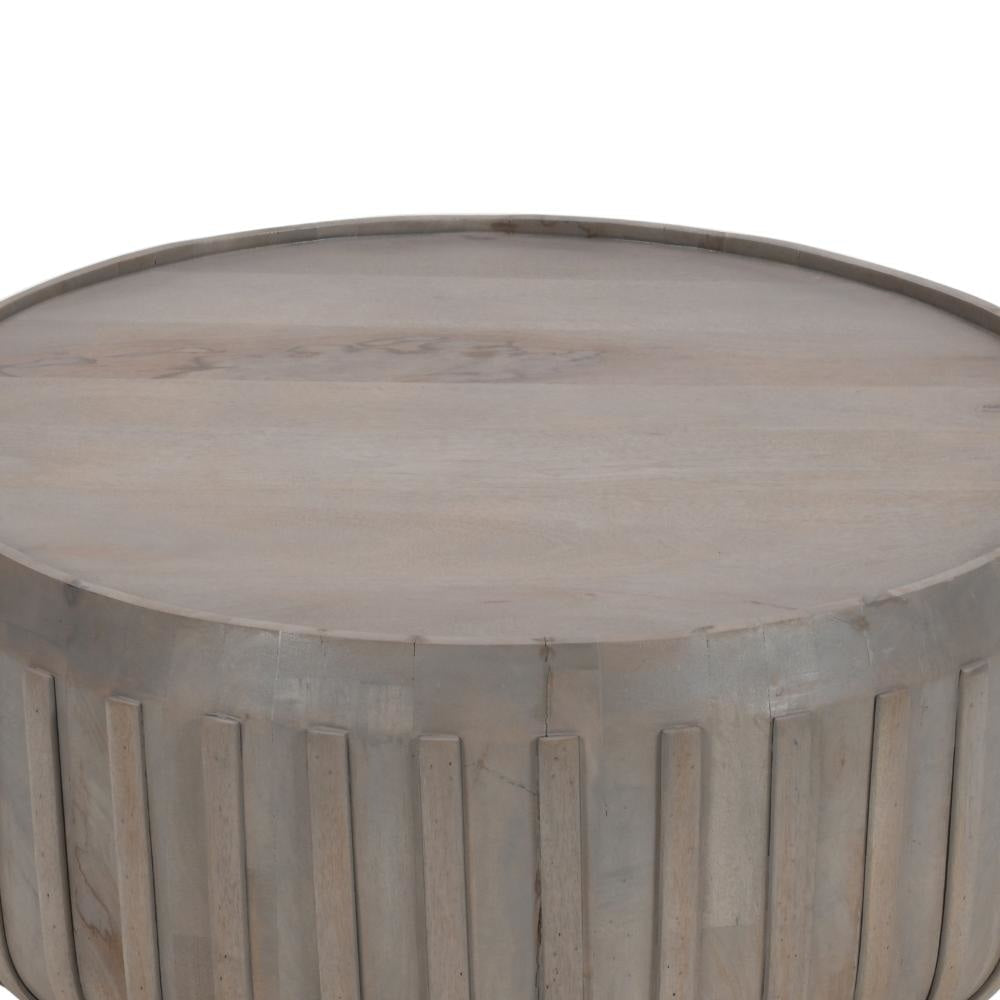 Alisha 36 Inch Coffee Table Handcrafted Drum Shape with Ribbed Edges Gray Mango Wood The Urban Port UPT-293349