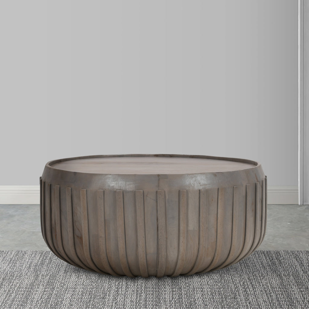 Alisha 36 Inch Coffee Table Handcrafted Drum Shape with Ribbed Edges Gray Mango Wood The Urban Port UPT-293349