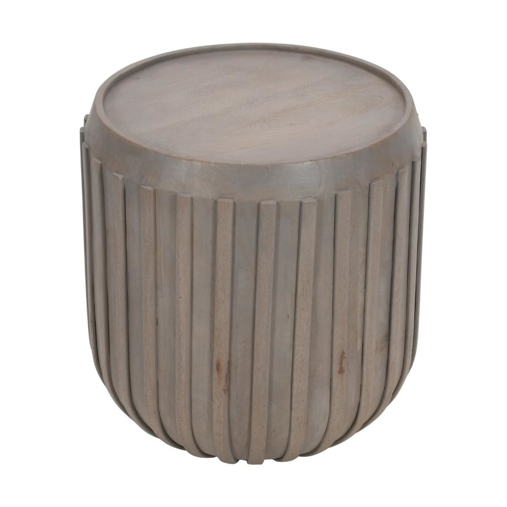 Alisha 25 Inch Side End Table Handcrafted Mango Wood Drum Shape with Ribbed Edges Gray The Urban Port UPT-293350