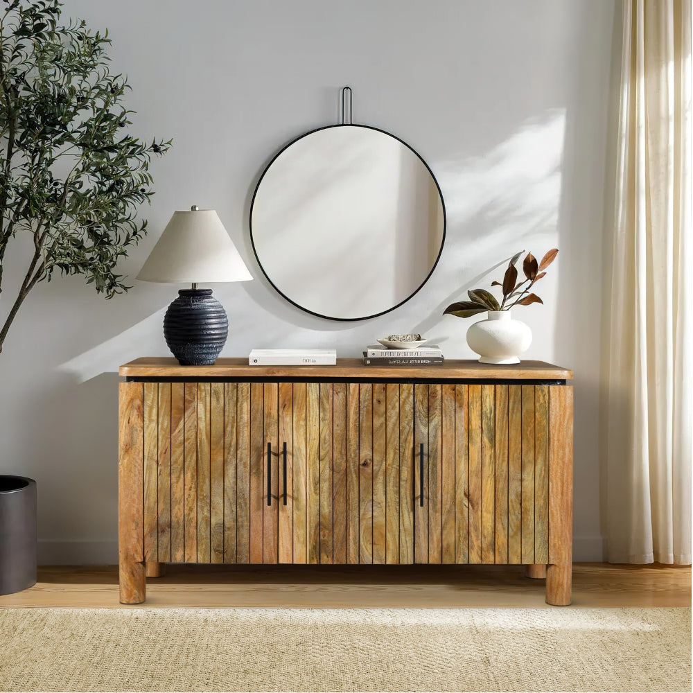 54 Inch Sideboard Console with 3 Grooved Cabinet Doors Iron Handles Natural Brown Mango Wood By The Urban Port UPT-293351