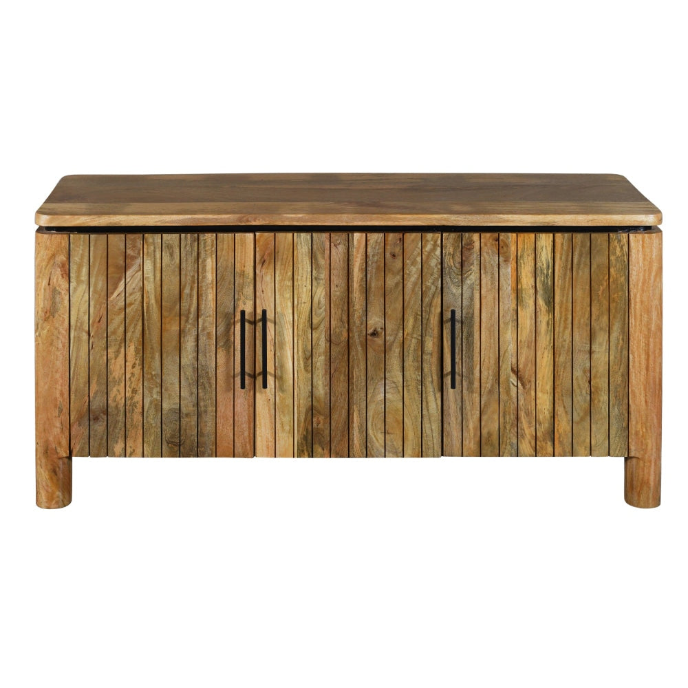 54 Inch Sideboard Console with 3 Grooved Cabinet Doors Iron Handles Natural Brown Mango Wood By The Urban Port UPT-293351