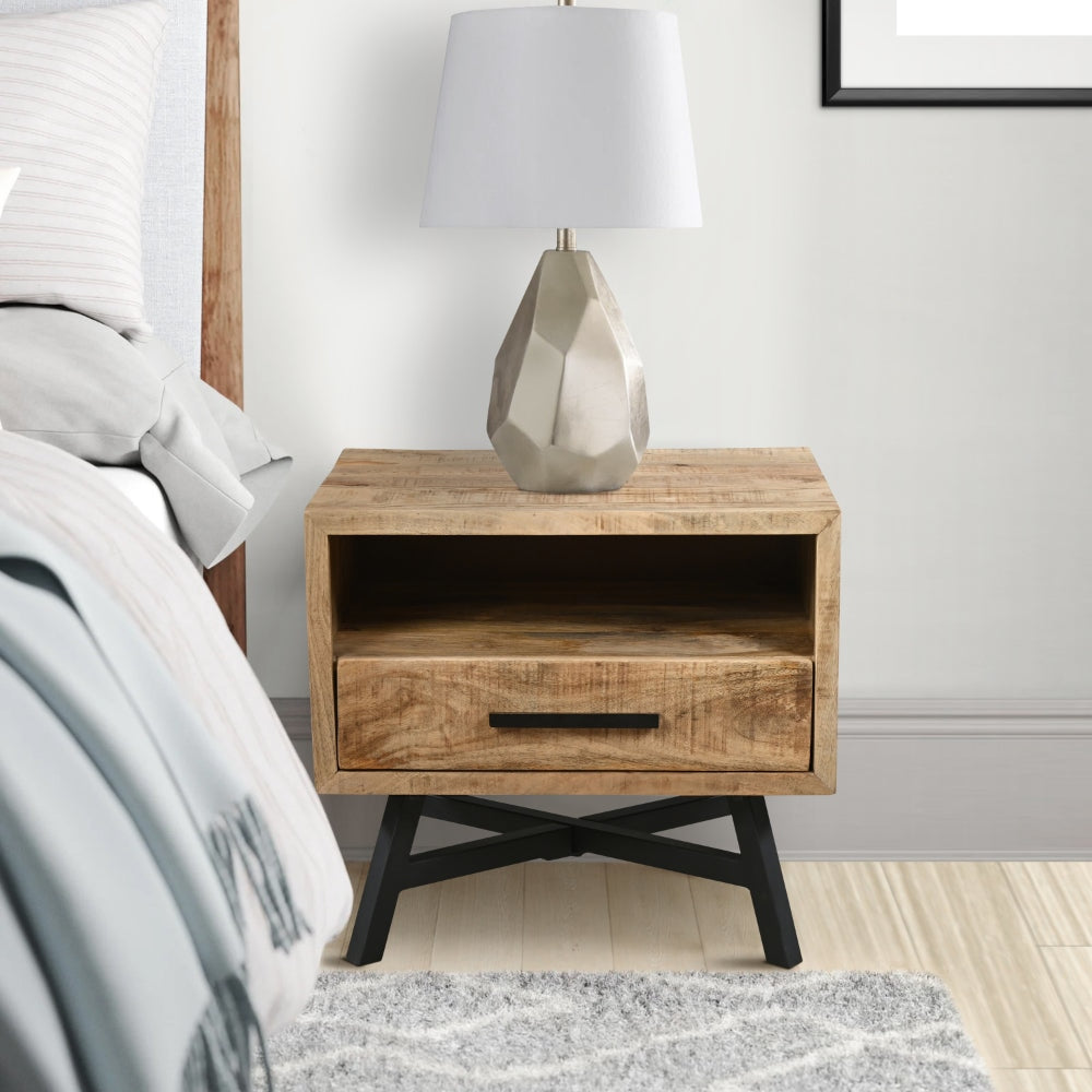 Bree 22 Inch Modern Rustic Single Drawer Nightstand, Brown Mango Wood Frame, Black Iron Angled Legs By The Urban Port