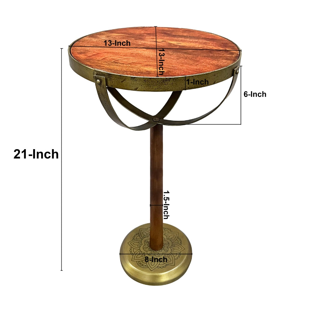 13 Inch Drink End Table Etched Design Martini Glass Shape Antique Brass and Brown by The Urban Port UPT-293501