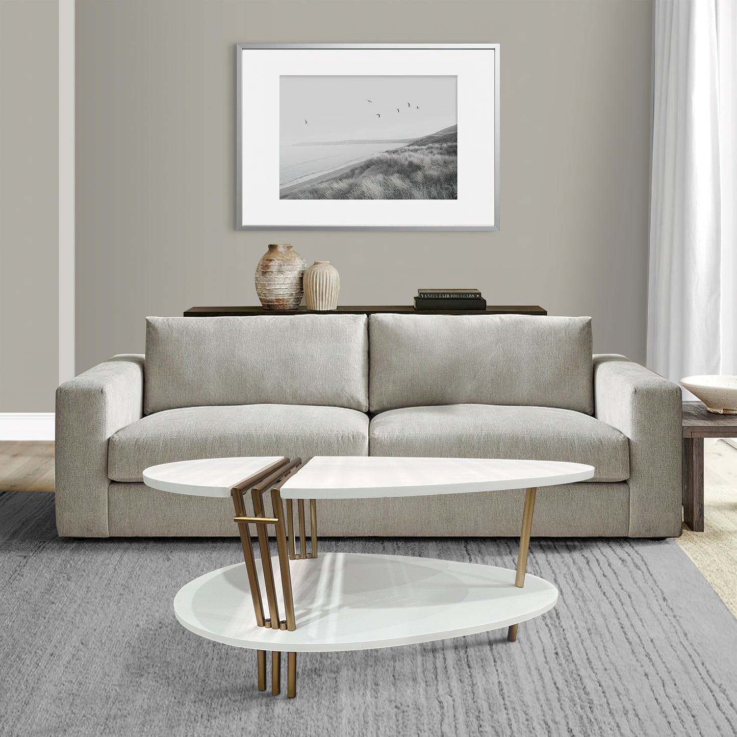 36 Inch Modern Coffee Table Oval Elliptical Shape White Mango Wood With Antique Brass The Urban Port UPT-293502