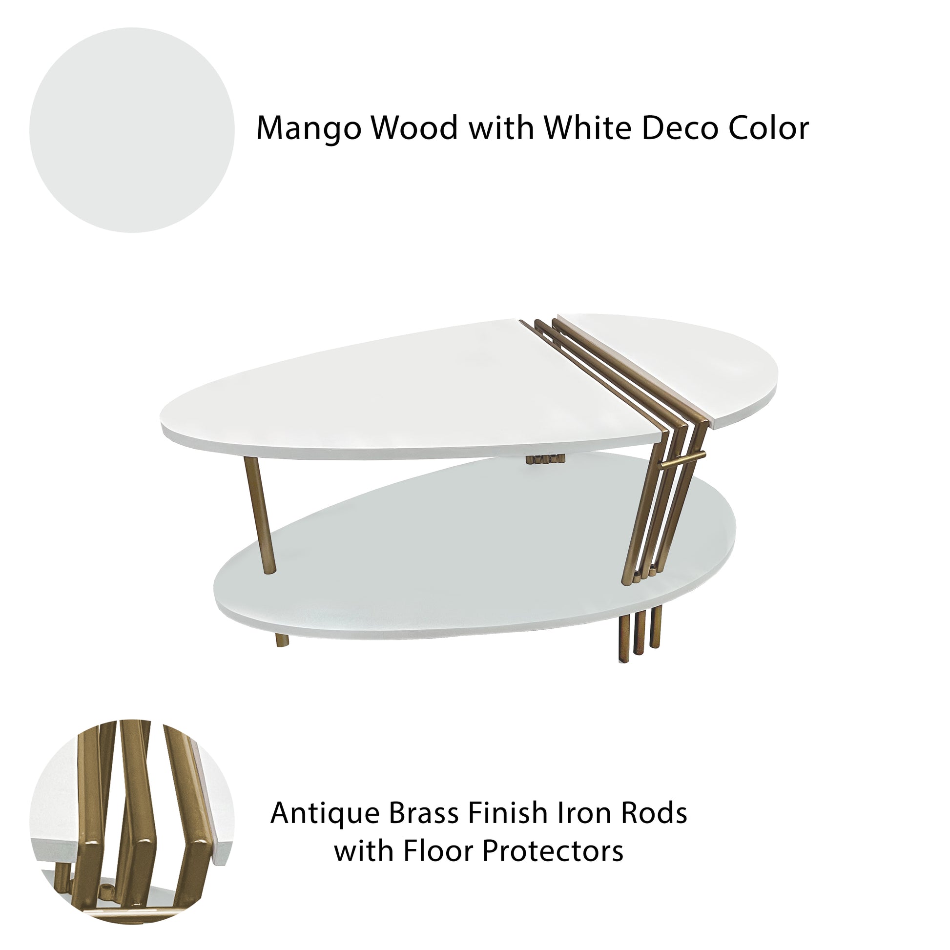 36 Inch Modern Coffee Table Oval Elliptical Shape White Mango Wood With Antique Brass The Urban Port UPT-293502