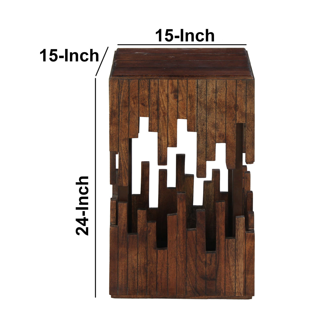 24 Inch Accent Side End Table Brown Acacia Wood Slatted Square Top Handcrafted Abstract Silhouette Black Iron The Urban Port UPT-294093