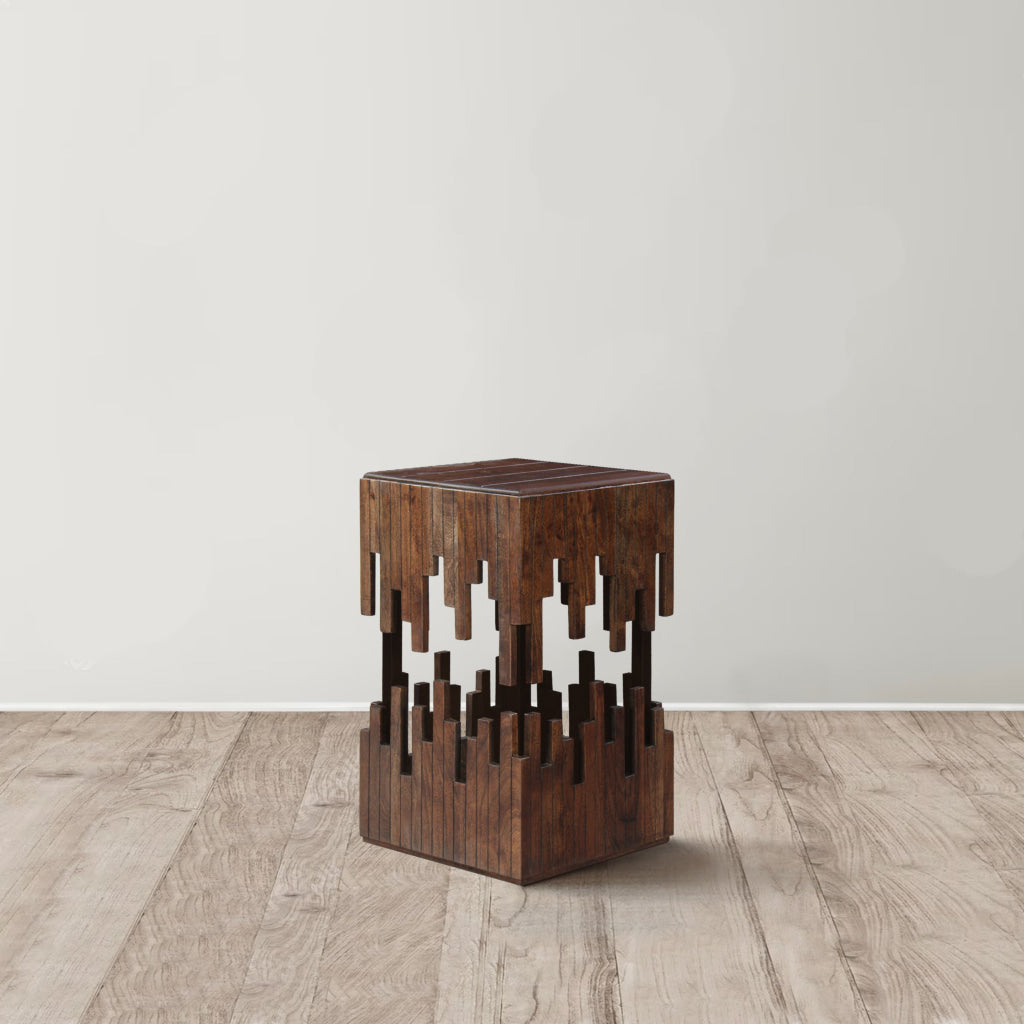 24 Inch Accent Side End Table Brown Acacia Wood Slatted Square Top Handcrafted Abstract Silhouette Black Iron The Urban Port UPT-294093