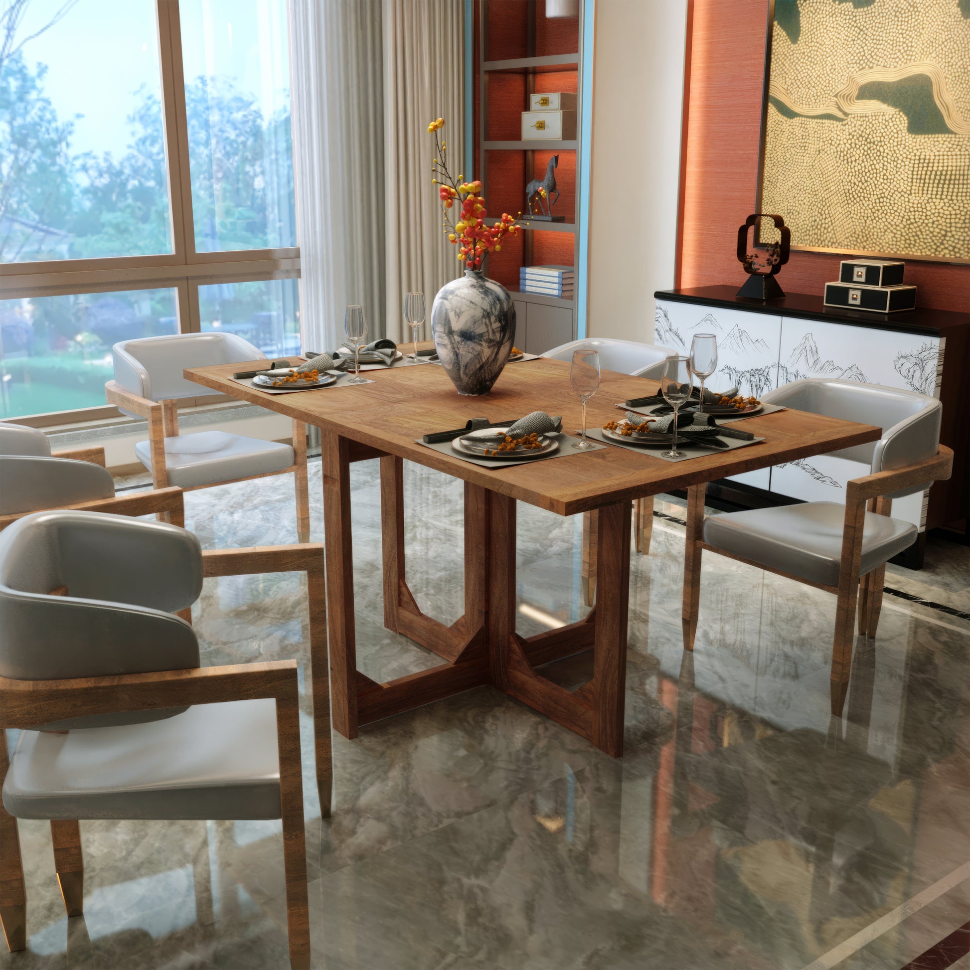 62 Inch Rectangular Dining Table, Handcrafted Natural Mango Wood with Magnetic Catchers By The Urban Port