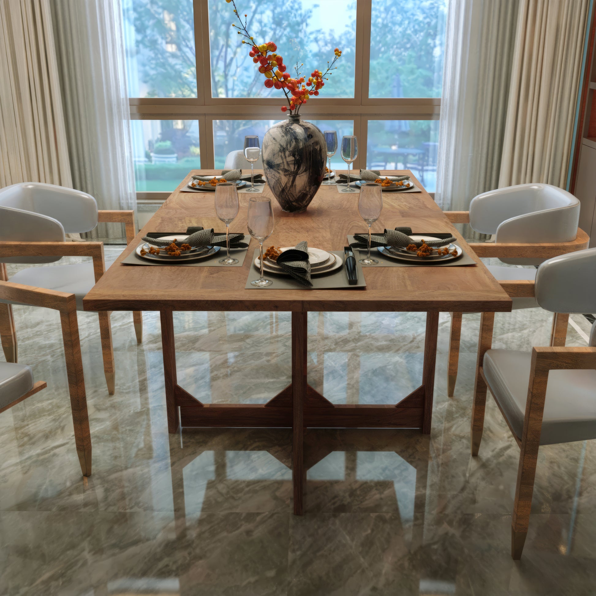 62 Inch Rectangular Dining Table Handcrafted Natural Mango Wood with Magnetic Catchers By The Urban Port UPT-294094