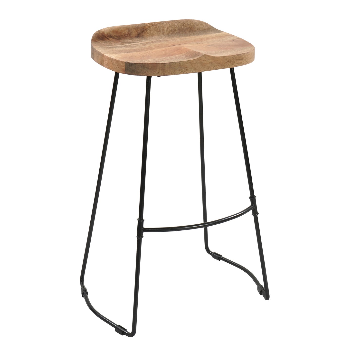 Tiva 30 Inch Handcrafted Backless Barstool Natural Brown Mango Wood Saddle Seat Black Metal BaseBy The Urban Port UPT-294095