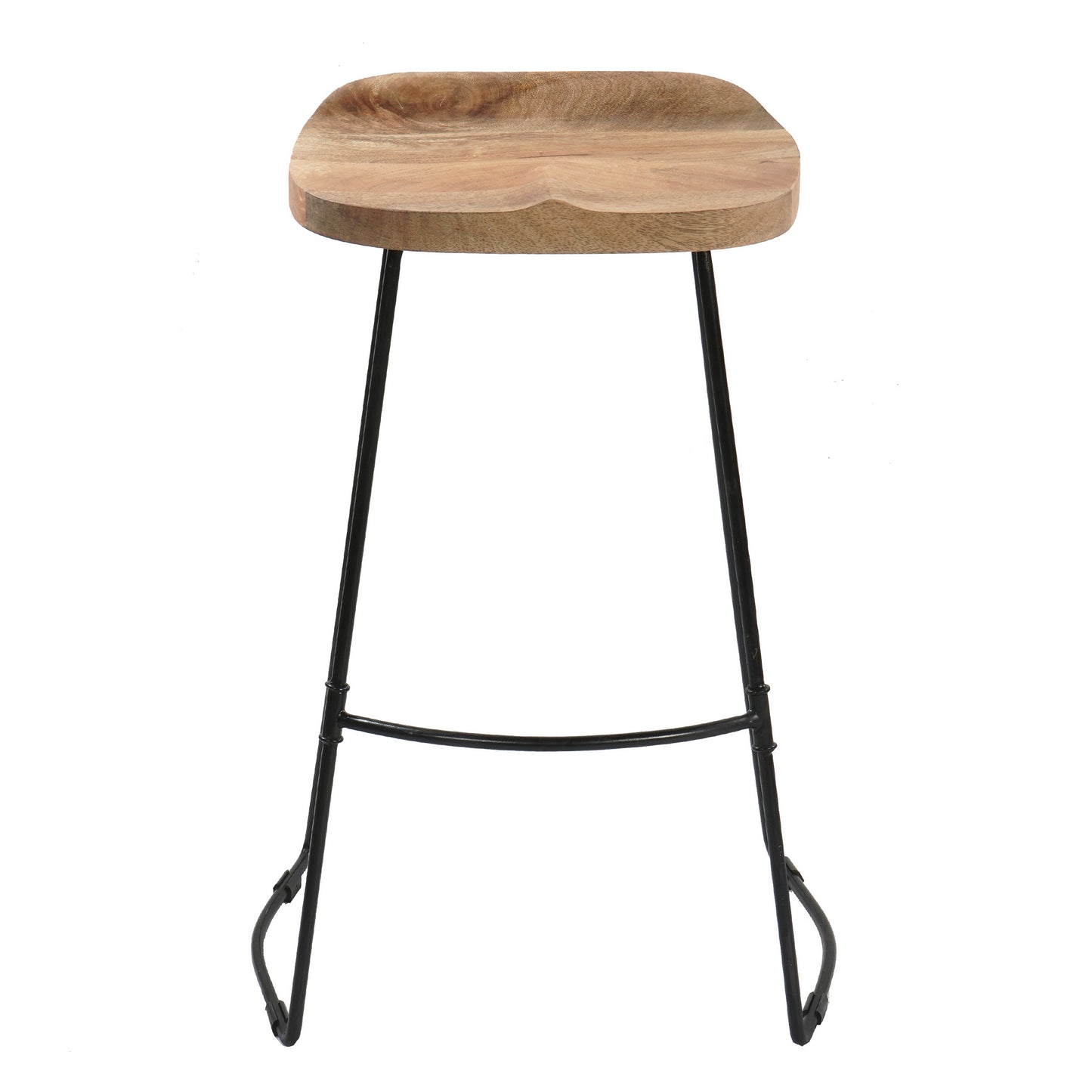 Tiva 30 Inch Handcrafted Backless Barstool Natural Brown Mango Wood Saddle Seat Black Metal BaseBy The Urban Port UPT-294095