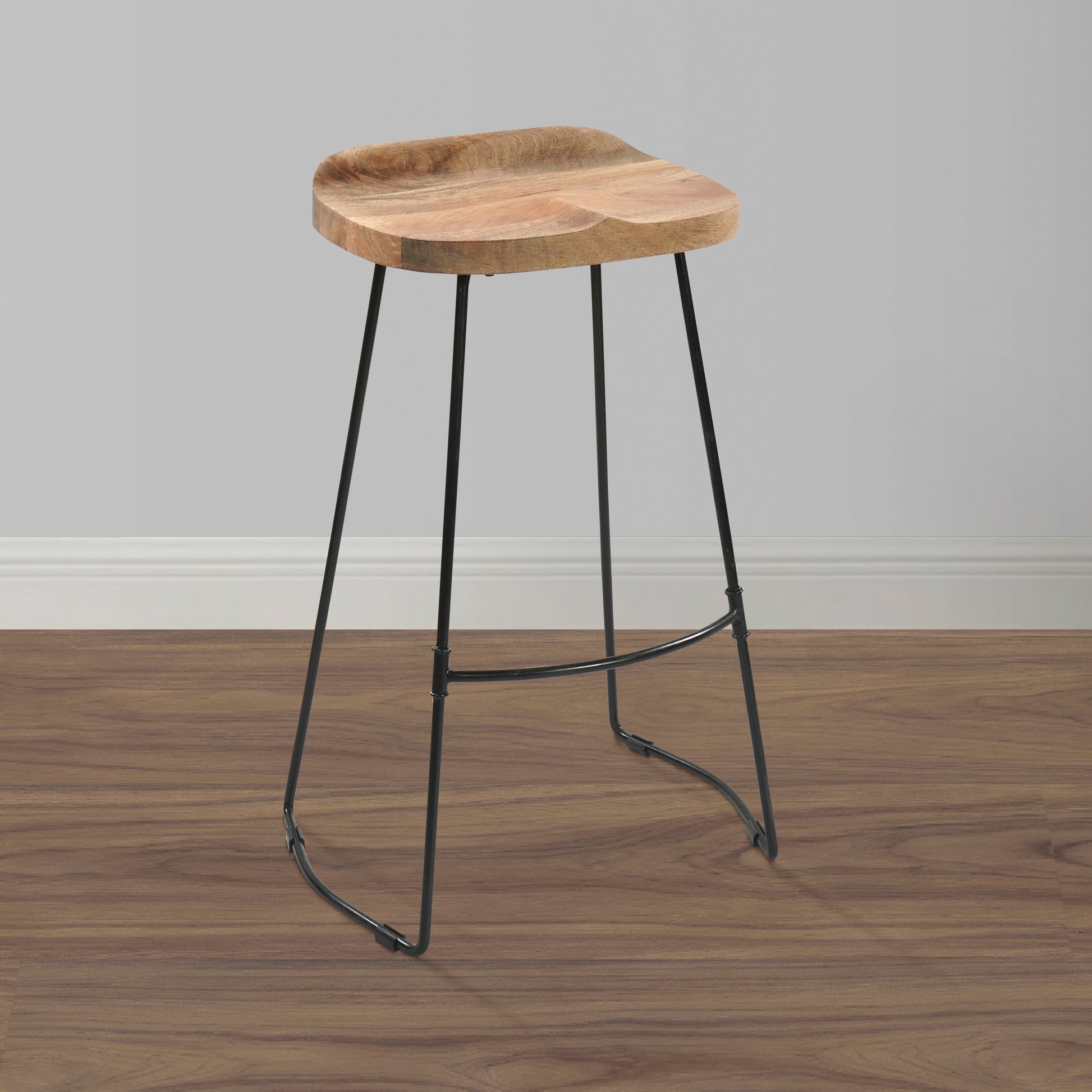 Tiva 30 Inch Handcrafted Backless Barstool Natural Brown Mango Wood Saddle Seat Black Metal BaseBy The Urban Port UPT-294095