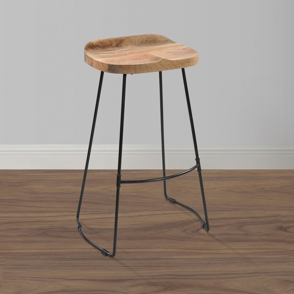 Tiva 30 Inch Handcrafted Backless Barstool, Natural Brown Mango Wood Saddle Seat, Black Metal BaseBy The Urban Port