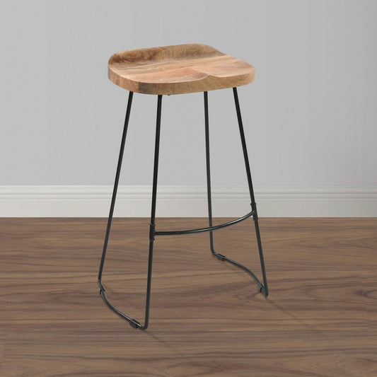 Tiva 30 Inch Handcrafted Backless Barstool, Natural Brown Mango Wood Saddle Seat, Black Metal BaseBy The Urban Port