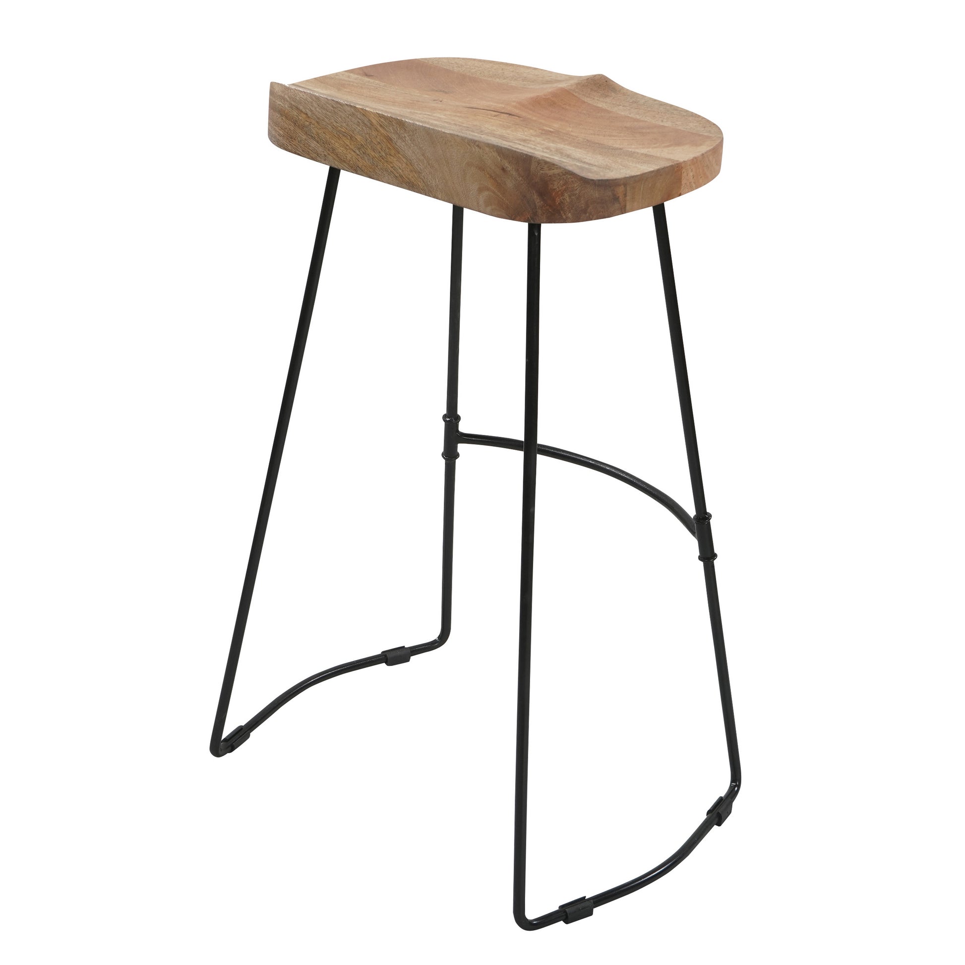 Tiva 30 Inch Handcrafted Backless Barstool Natural Brown Mango Wood Saddle Seat Black Metal BaseBy The Urban Port UPT-294095