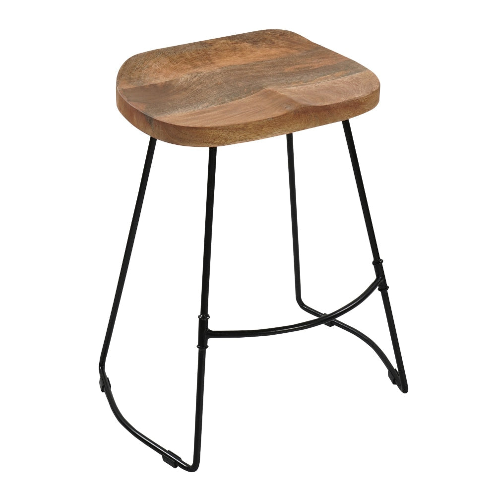 Tiva 24 Inch Handcrafted Backless Counter Height Stool Brown Mango Wood Saddle Seat Black Metal Base By The Urban Port UPT-294096