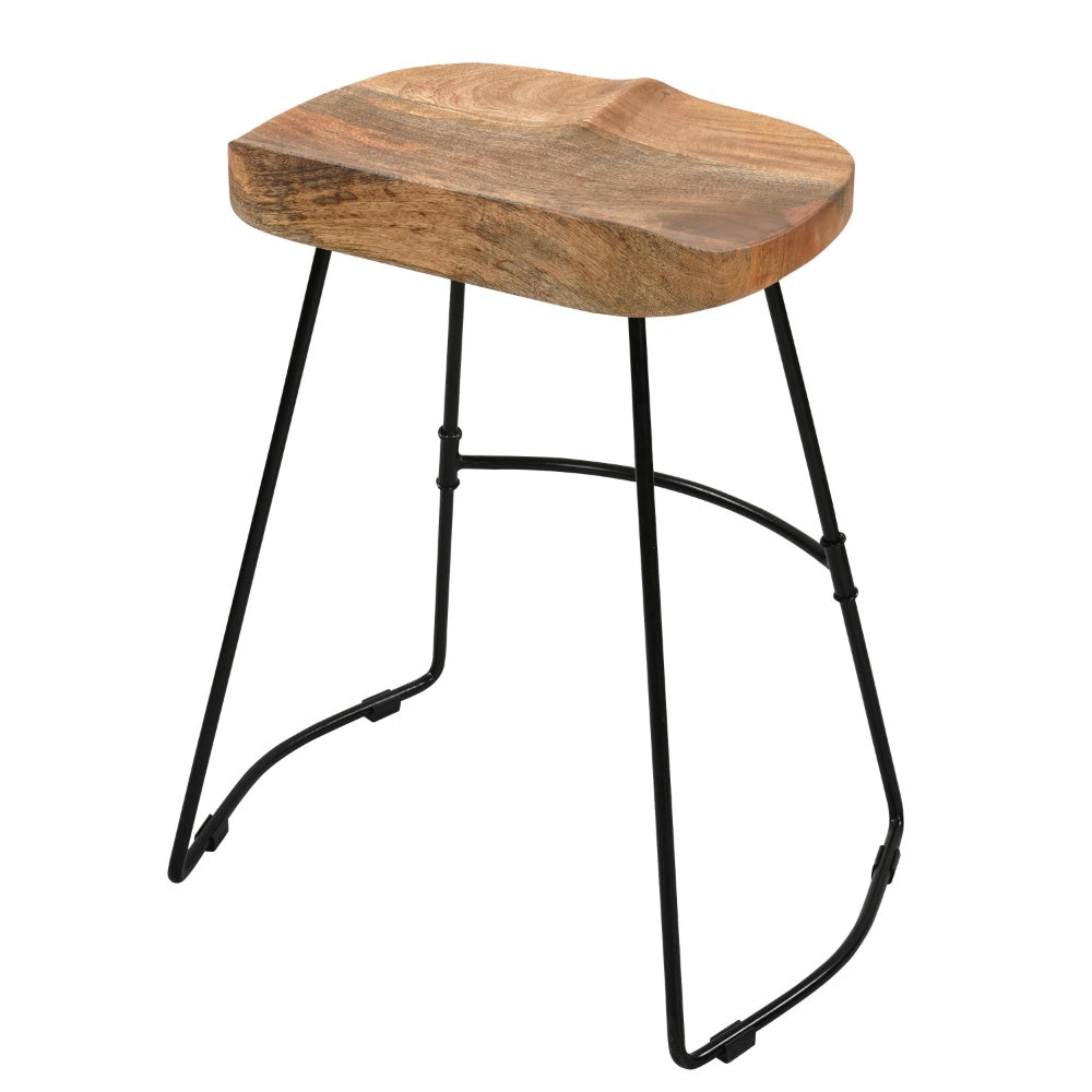 Tiva 24 Inch Handcrafted Backless Counter Height Stool Brown Mango Wood Saddle Seat Black Metal Base By The Urban Port UPT-294096