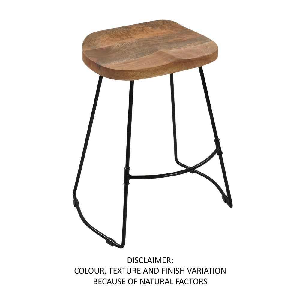 Tiva 24 Inch Handcrafted Backless Counter Height Stool Brown Mango Wood Saddle Seat Black Metal Base By The Urban Port UPT-294096