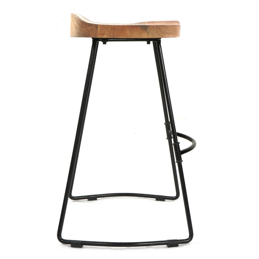 Tiva 24 Inch Handcrafted Backless Counter Height Stool Brown Mango Wood Saddle Seat Black Metal Base By The Urban Port UPT-294096