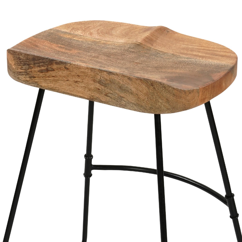 Tiva 24 Inch Handcrafted Backless Counter Height Stool Brown Mango Wood Saddle Seat Black Metal Base By The Urban Port UPT-294096