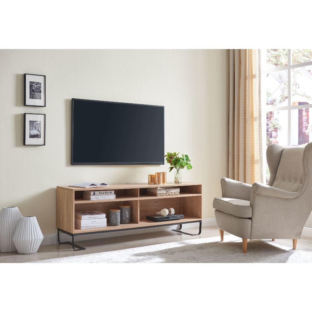 60 Inch Modern TV Media Entertainment Console, 4 Compartments, Metal Frame Base, Light Oak Brown By The Urban Port