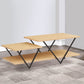 48 Inch 2 Tier Top Coffee Table with Bottom Shelf V Shape Black Metal Legs Light Maple Wood By The Urban Port UPT-294327