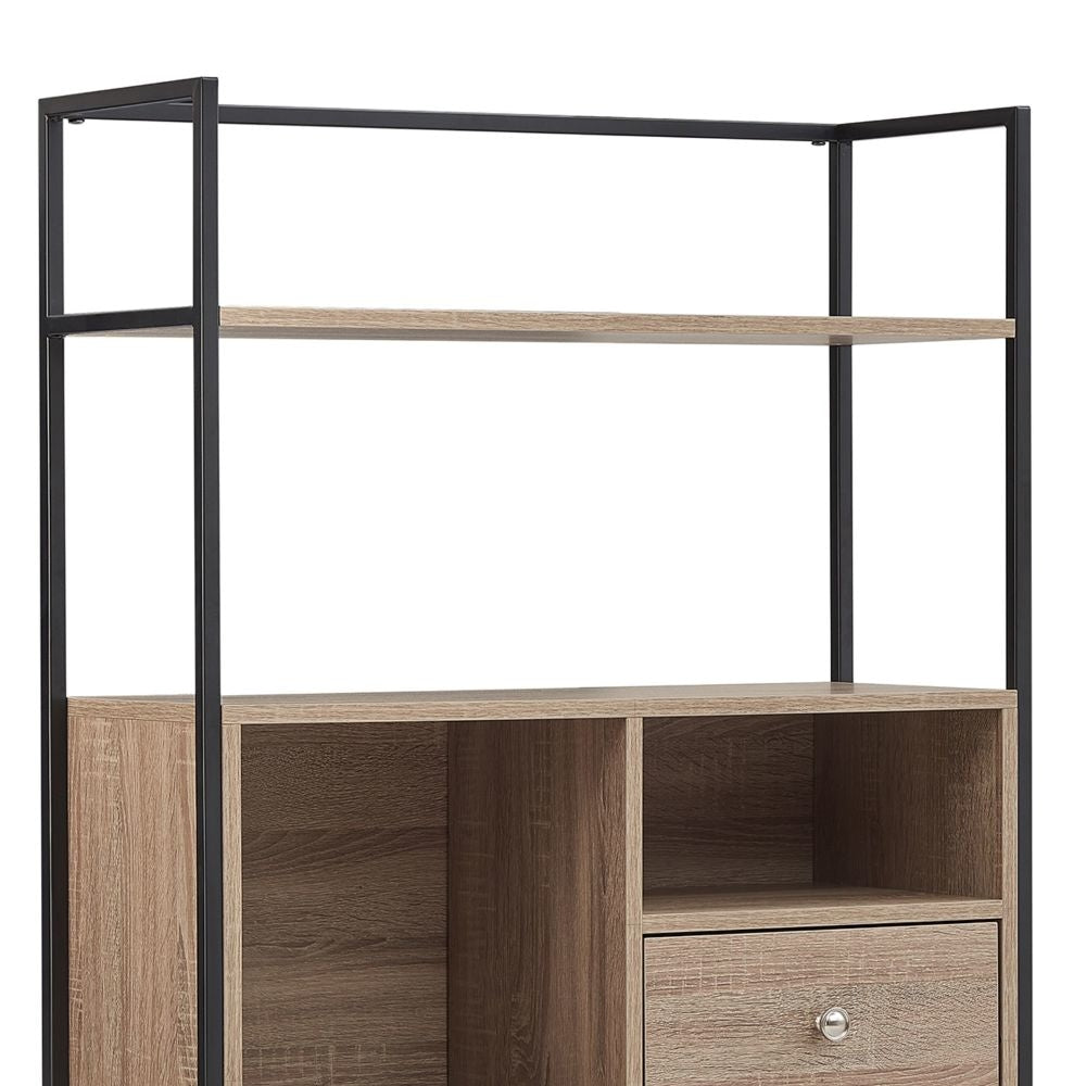 66 Inch 3 Tier Etagere Bookcase with Open Compartment Cabinet Black Metal Frame Light Natural Brown By The Urban Port UPT-294328