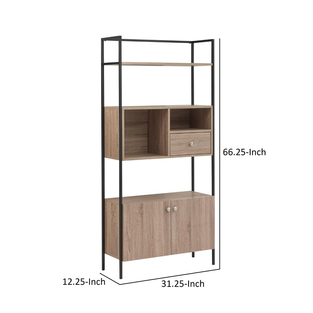 66 Inch 3 Tier Etagere Bookcase with Open Compartment Cabinet Black Metal Frame Light Natural Brown By The Urban Port UPT-294328