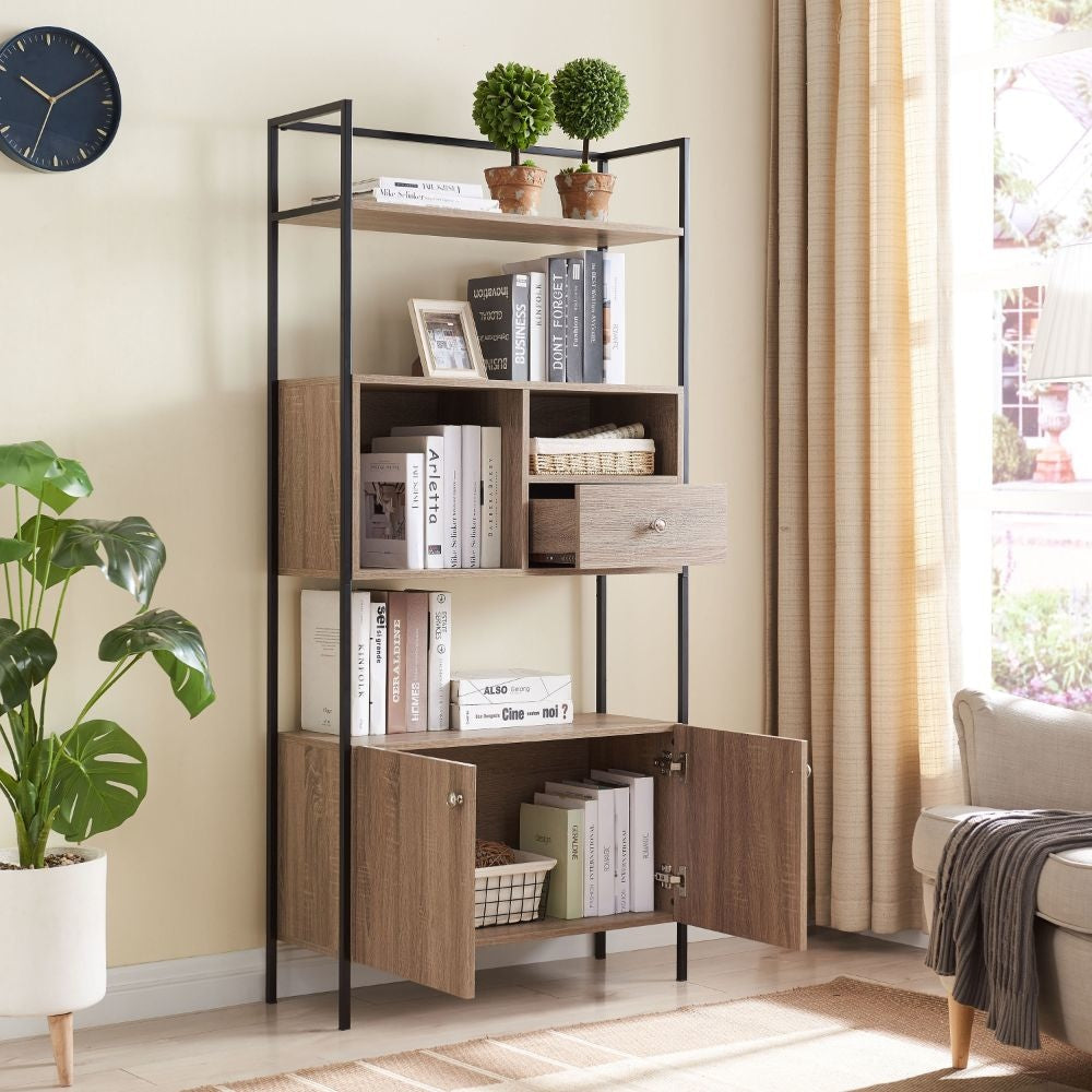 66 Inch 3 Tier Etagere Bookcase with Open Compartment Cabinet Black Metal Frame Light Natural Brown By The Urban Port UPT-294328